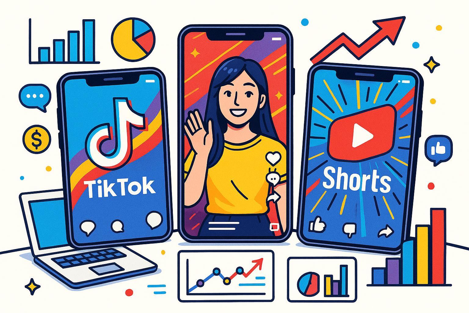 ショートフォーム動画と主要SNSアイコン、マーケティング効果を象徴するイラスト