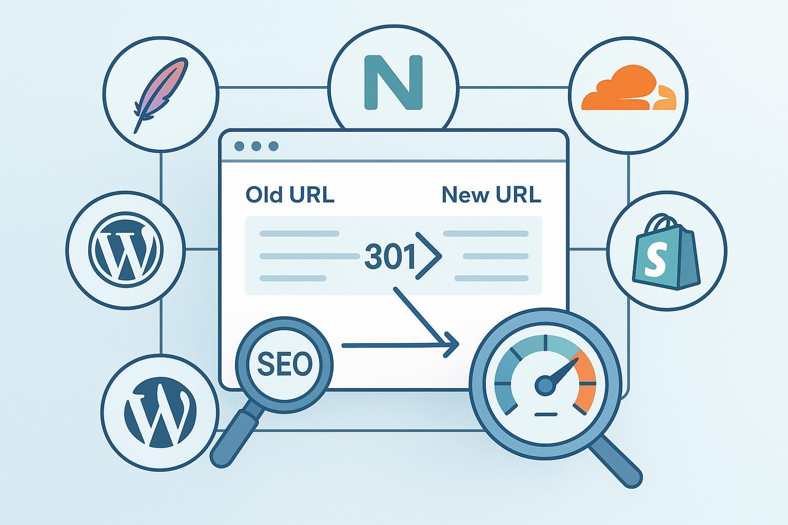 301リダイレクトの実装フローと主要プラットフォーム（Apache/Nginx/Cloudflare/WordPress/Shopify）の図解カバー