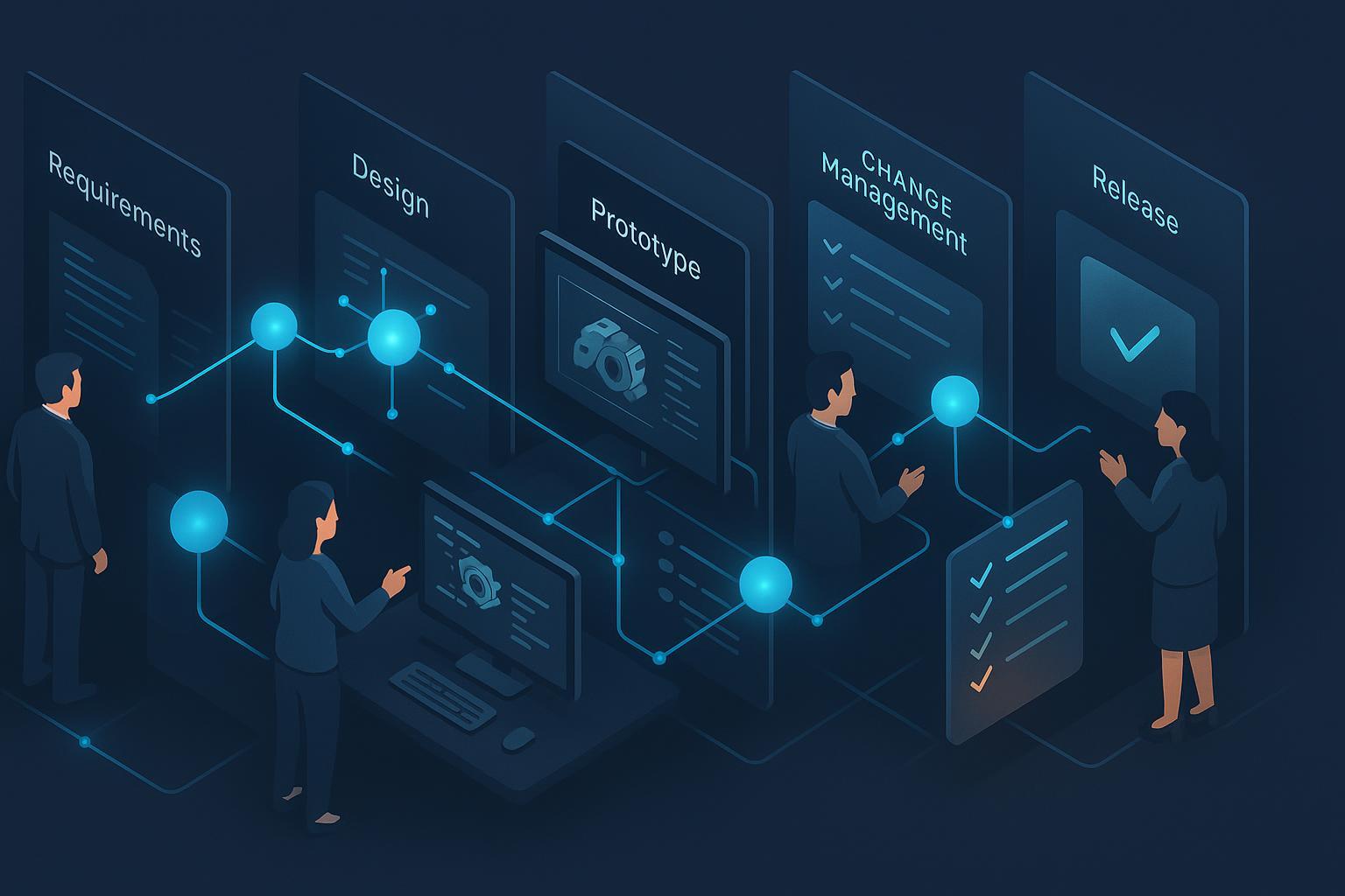 エージェント型AIがプロトタイプから製品化までのエンタープライズ開発ワークフローを連結するイラスト