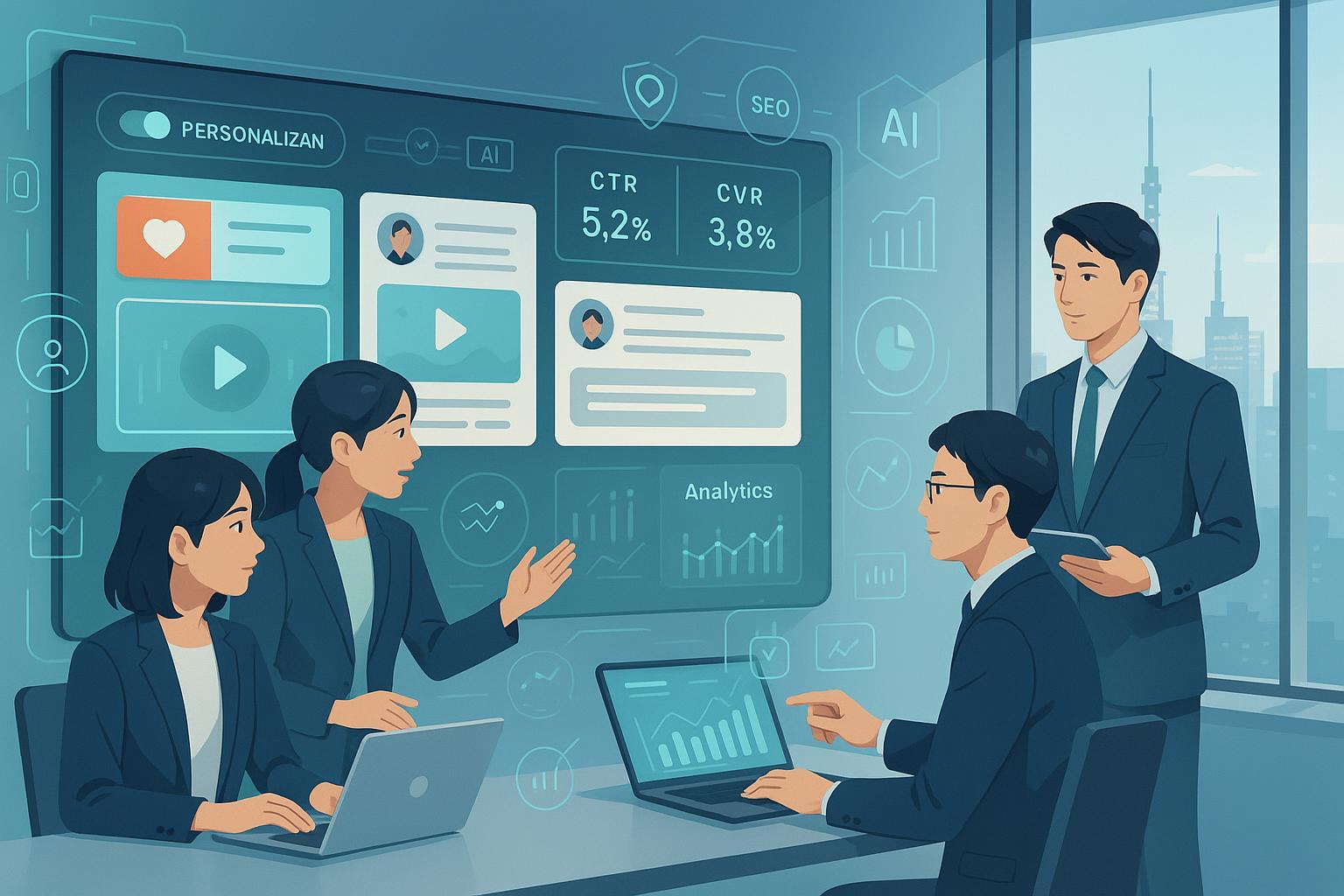動的コンテンツマーケティングでKPIを可視化する日本のマーケティングチームのイラスト