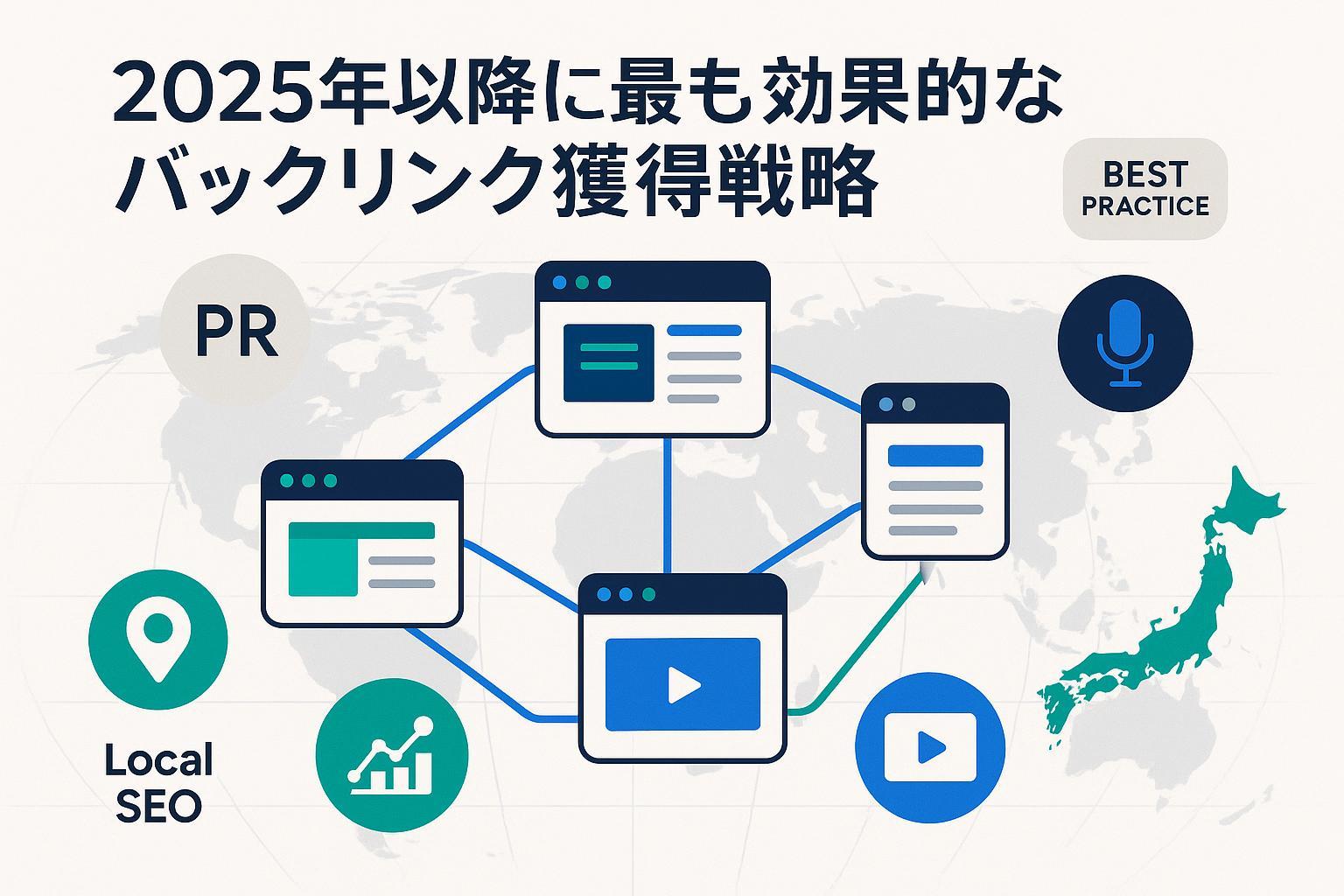 2025年以降の効果的なバックリンク戦略を象徴する、世界地図上のリンクネットワーク（日本を強調）