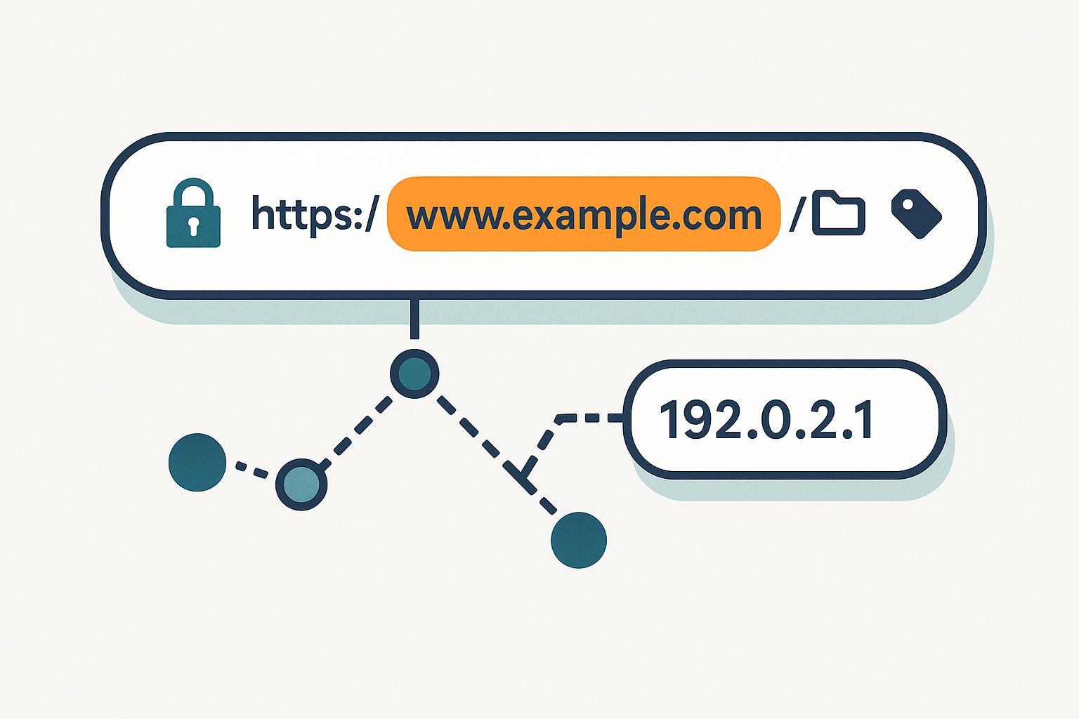 URLとドメイン名の関係を示すモダンなアドレスバーのイラスト