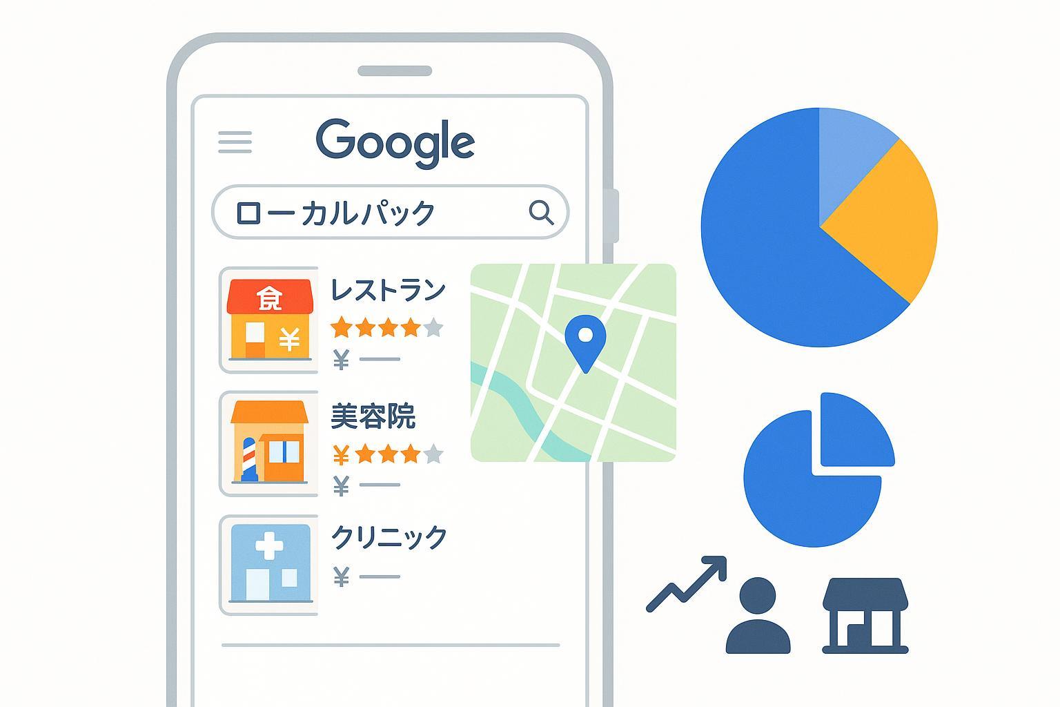 ローカルパックが目立つGoogle検索結果と小規模ビジネスの成長を示すインフォグラフィック