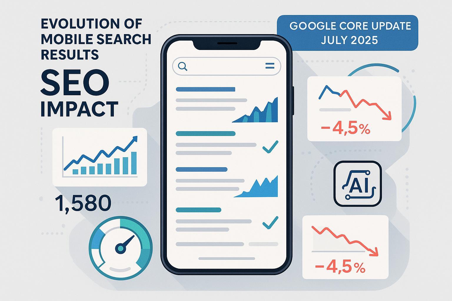 2025年7月Googleアップデート後のモバイル検索結果とSEOインパクトを象徴するスマホ＆データインフォグラフィックカバー