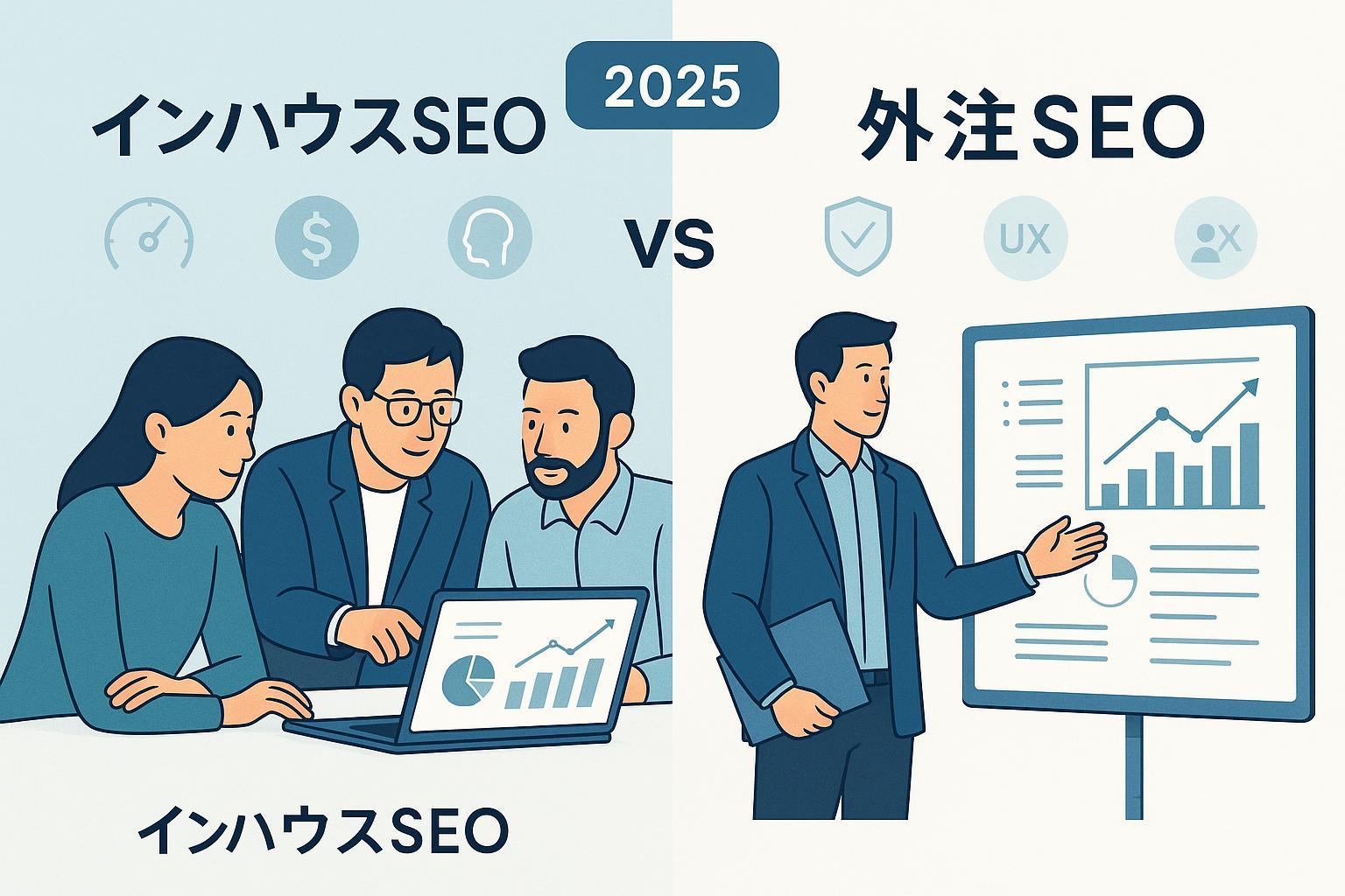 インハウスSEOと外注SEOの比較（2025年版）を示すビジネス向けカバー画像