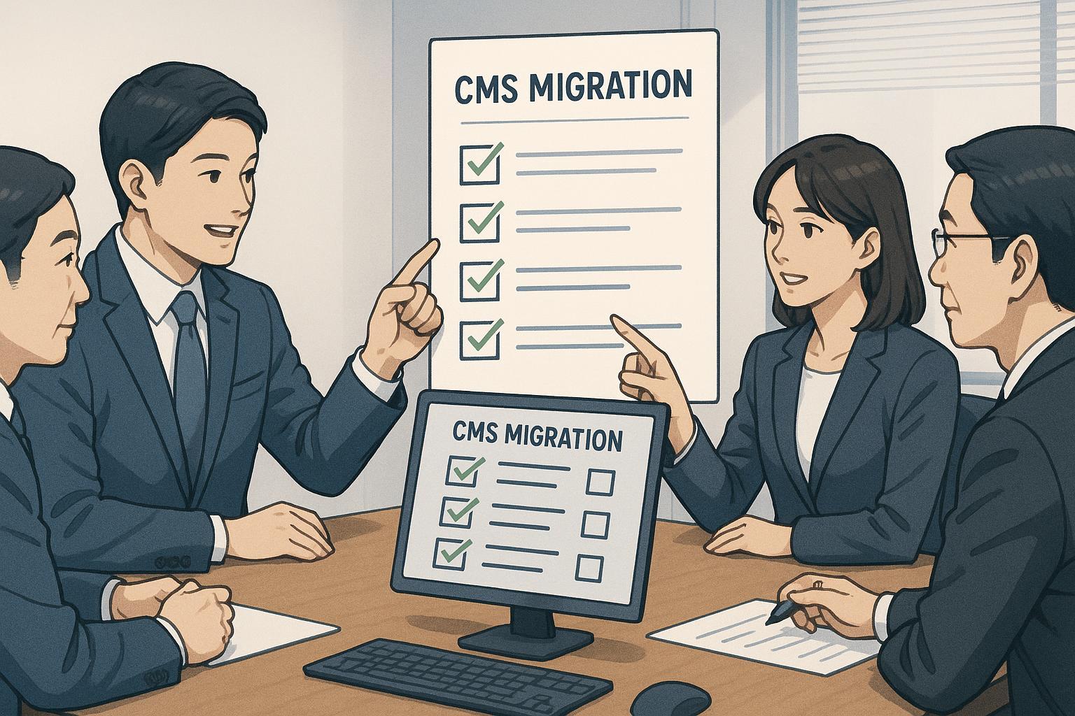 CMS移行プロジェクトの段階別チェックリストを指さして協議するIT・Web担当者たちを描いた高品質イメージ