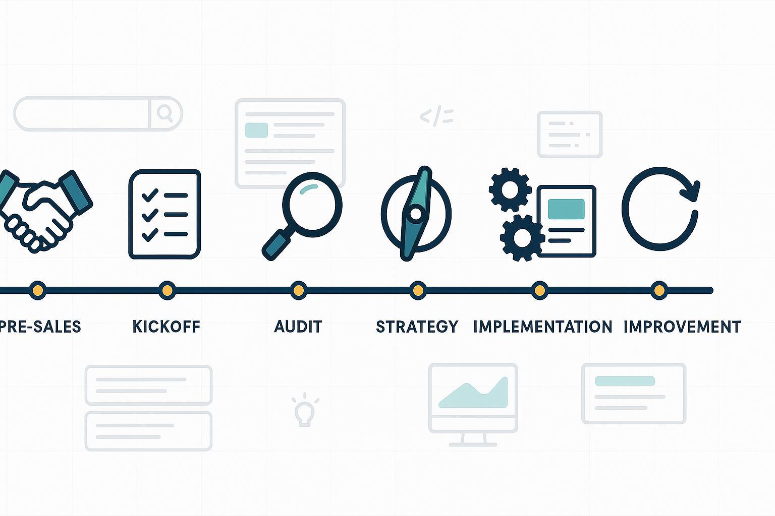 SEO代理店ワークフローのタイムラインを描いたシンプルなカバーイラスト