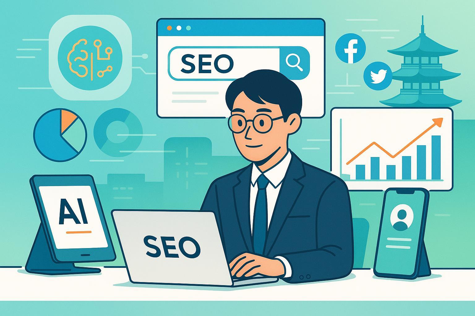 2025年の日本のSEOスペシャリストがAIやSNSツールを駆使して働く未来的ビジネス現場のイラスト