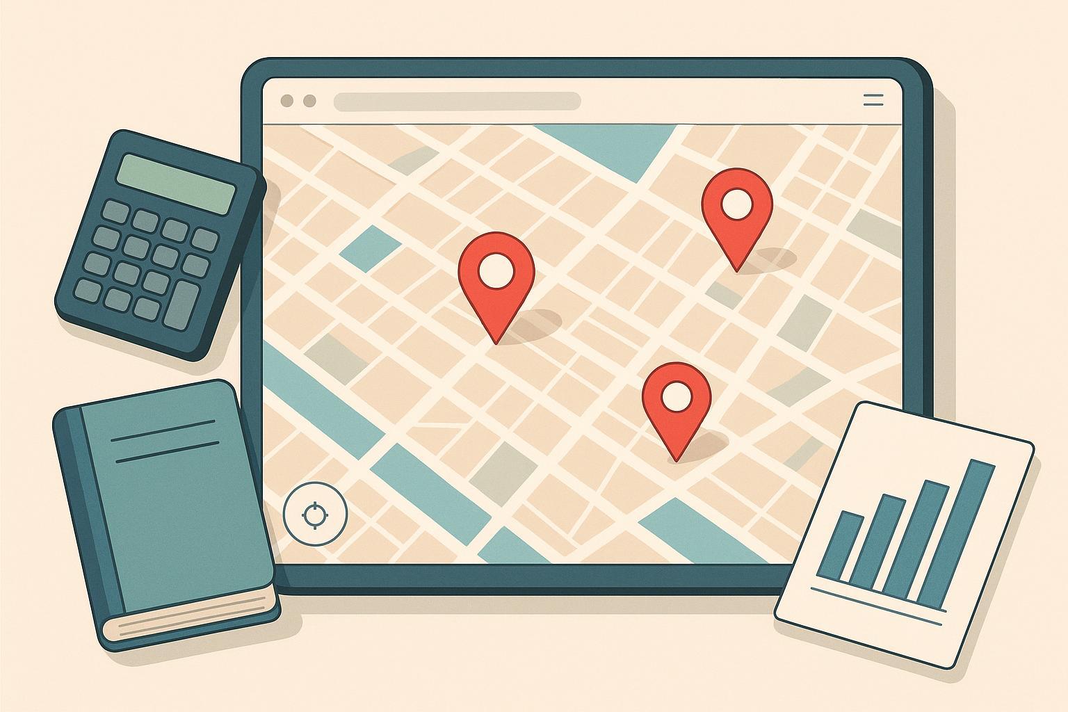 会計事務所のためのローカルSEO：地図のピンと会計アイコンが並ぶプロフェッショナルなカバー画像