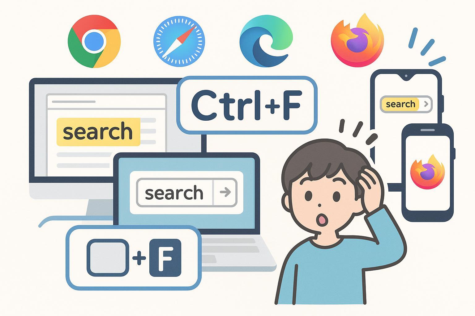 PC・スマホでサイト内検索機能を使うイメージイラスト（Ctrl+Fと検索ボックスが目立つ）