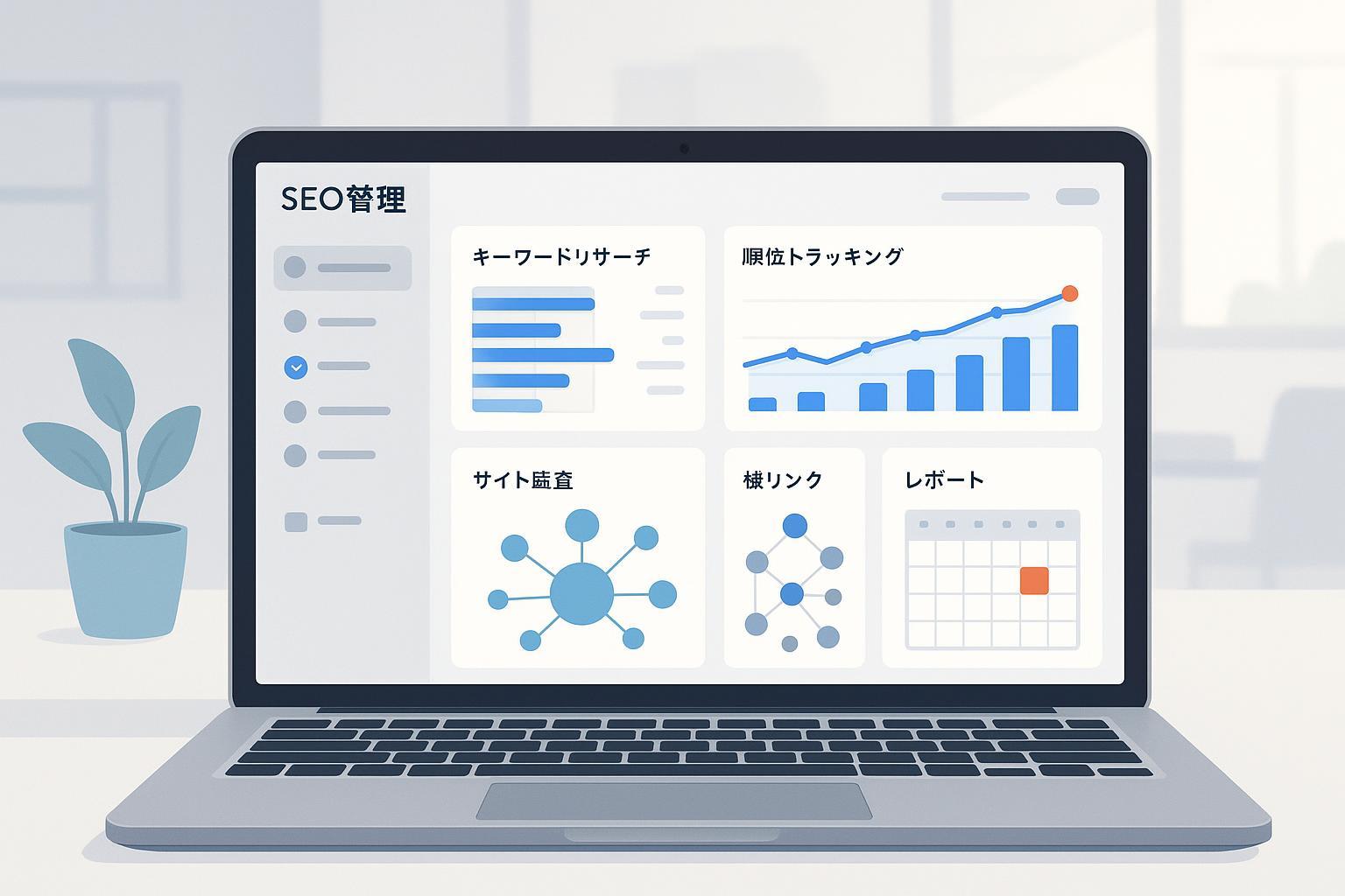 2025年版SEO施策管理ツールのダッシュボードを表現したSaaSスタイルのカバー画像