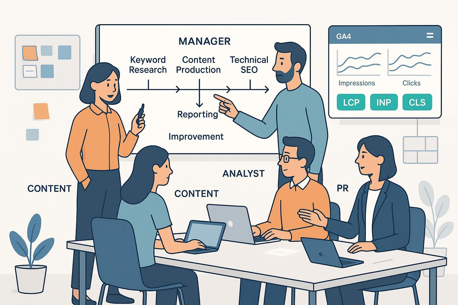 インハウスSEOチームのワークフローとKPIダッシュボードを示すホワイトボードの前で計画するチームのイラスト