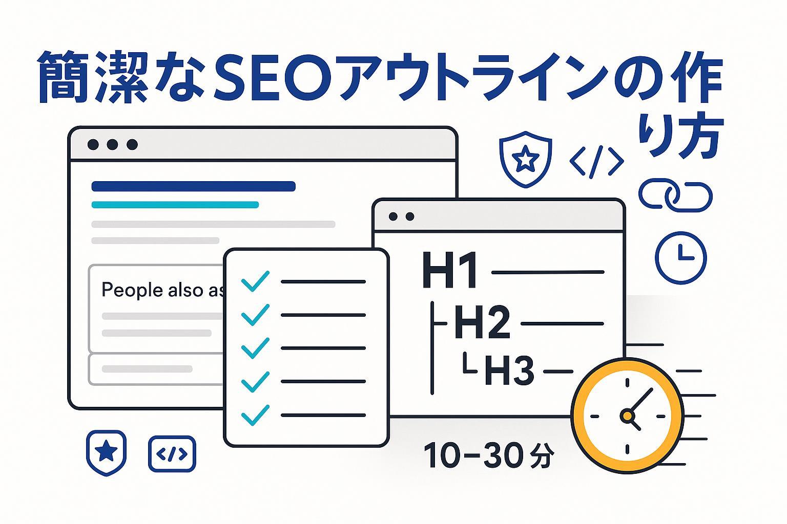 簡潔なSEOコンテンツアウトライン作成ガイドのカバー（チェックリストと見出しツリー、SERP要素付き）