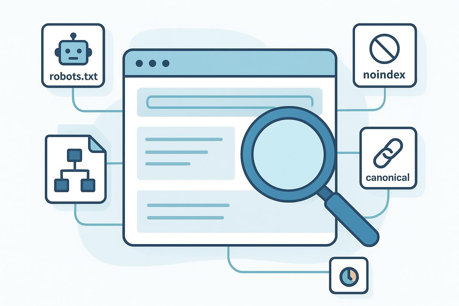 Googleインデックス確認・リクエスト・反映遅延を表すイラスト（URL検査、サイトマップ、時計、robots/noindex/canonicalアイコン）