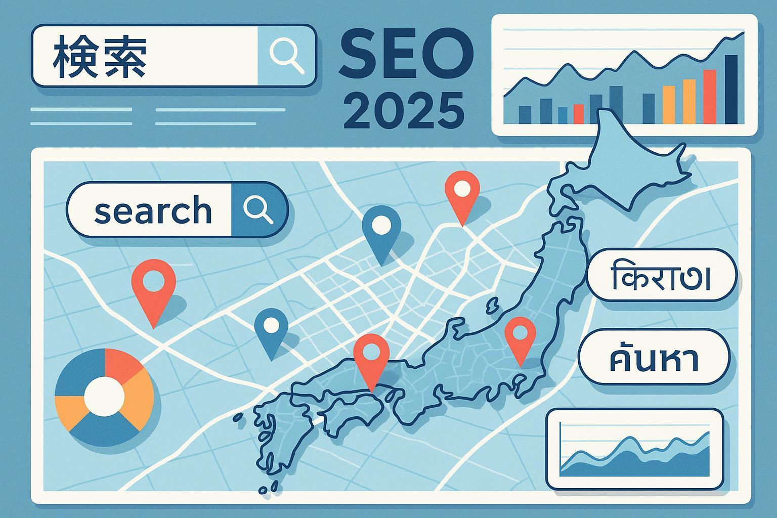 2025年最新のローカルキーワードと多言語SEO戦略を象徴するデジタルマップと分析グラフ
