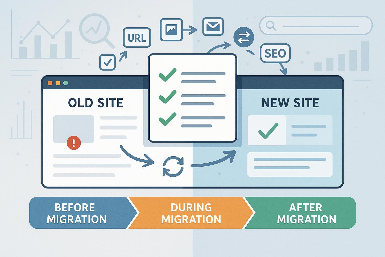 SEOとウェブサイト移行を象徴する3フェーズチェックリストのビジネスイラスト