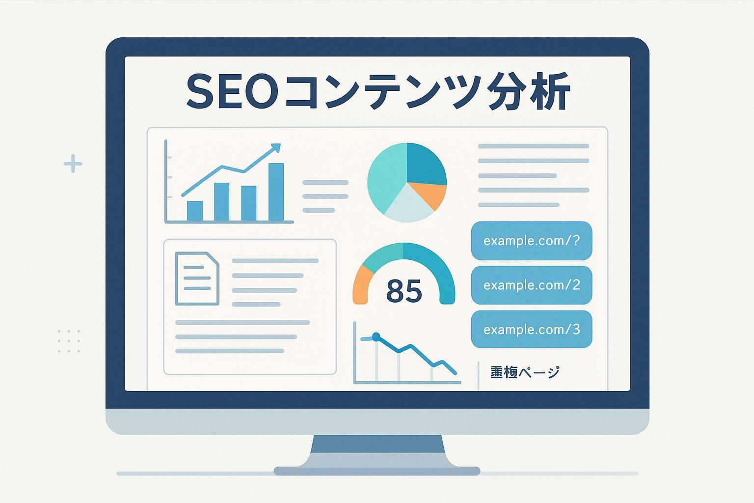 SEOコンテンツのスコアリングとカニバリ検出を示すダッシュボードのイラスト