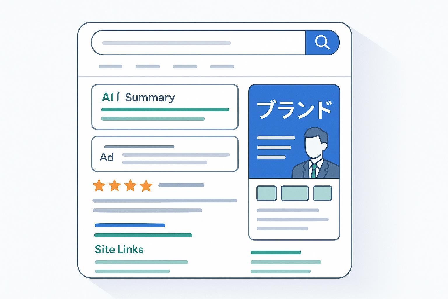 ブランド検索レポートを象徴するSERPとAI要約のカバーイラスト