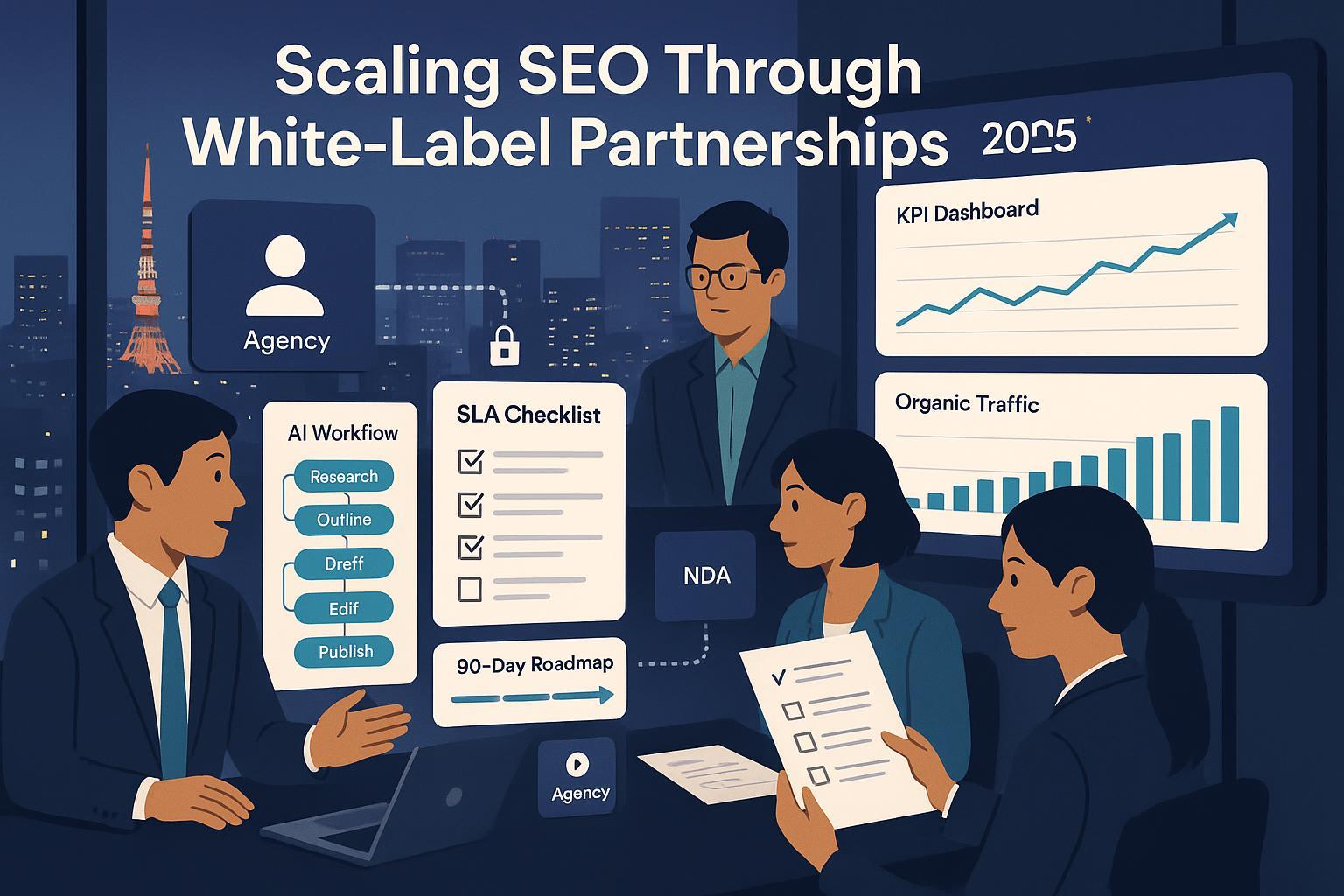 2025年、代理店がホワイトラベルSEOをSLAとAIワークフローで拡張する様子のカバー画像