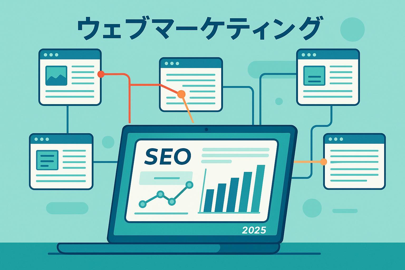 キーワードカニバリゼーション対策ツールでWebサイトを診断・改善する様子のイラスト（2025年版）