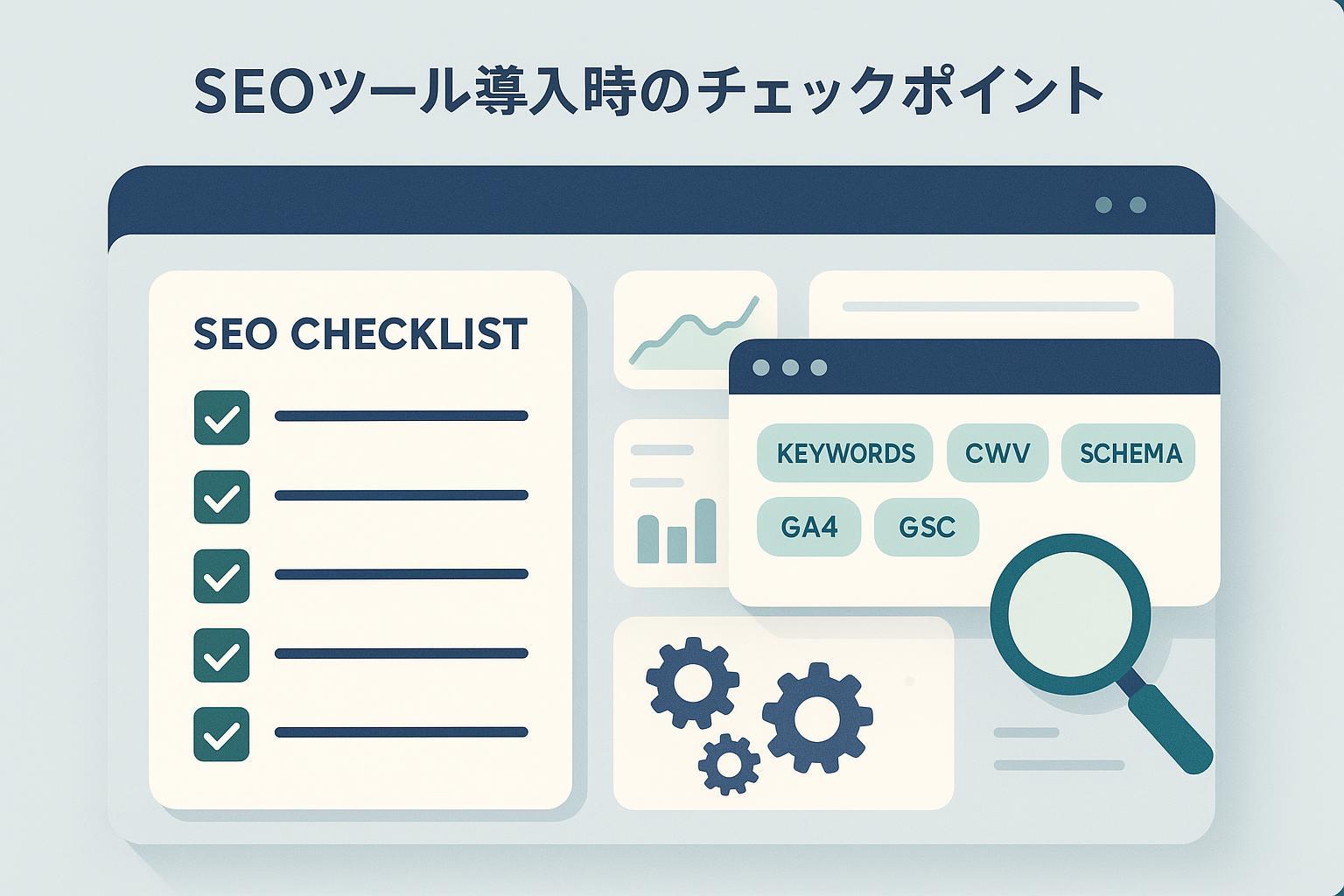 SEOツール導入時のチェックポイントのカバーイメージ（デジタルダッシュボードとチェックリスト）