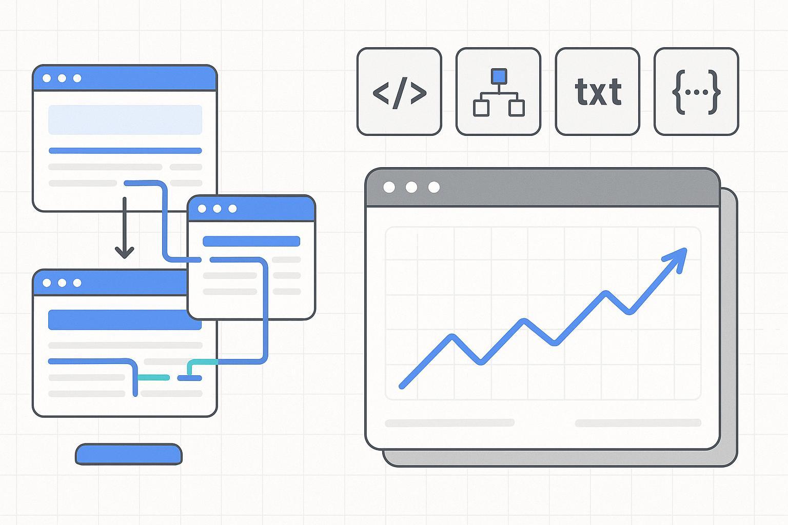 内部SEOベストプラクティスを表すサイト構造とGSCグラフのミニマルなイラスト