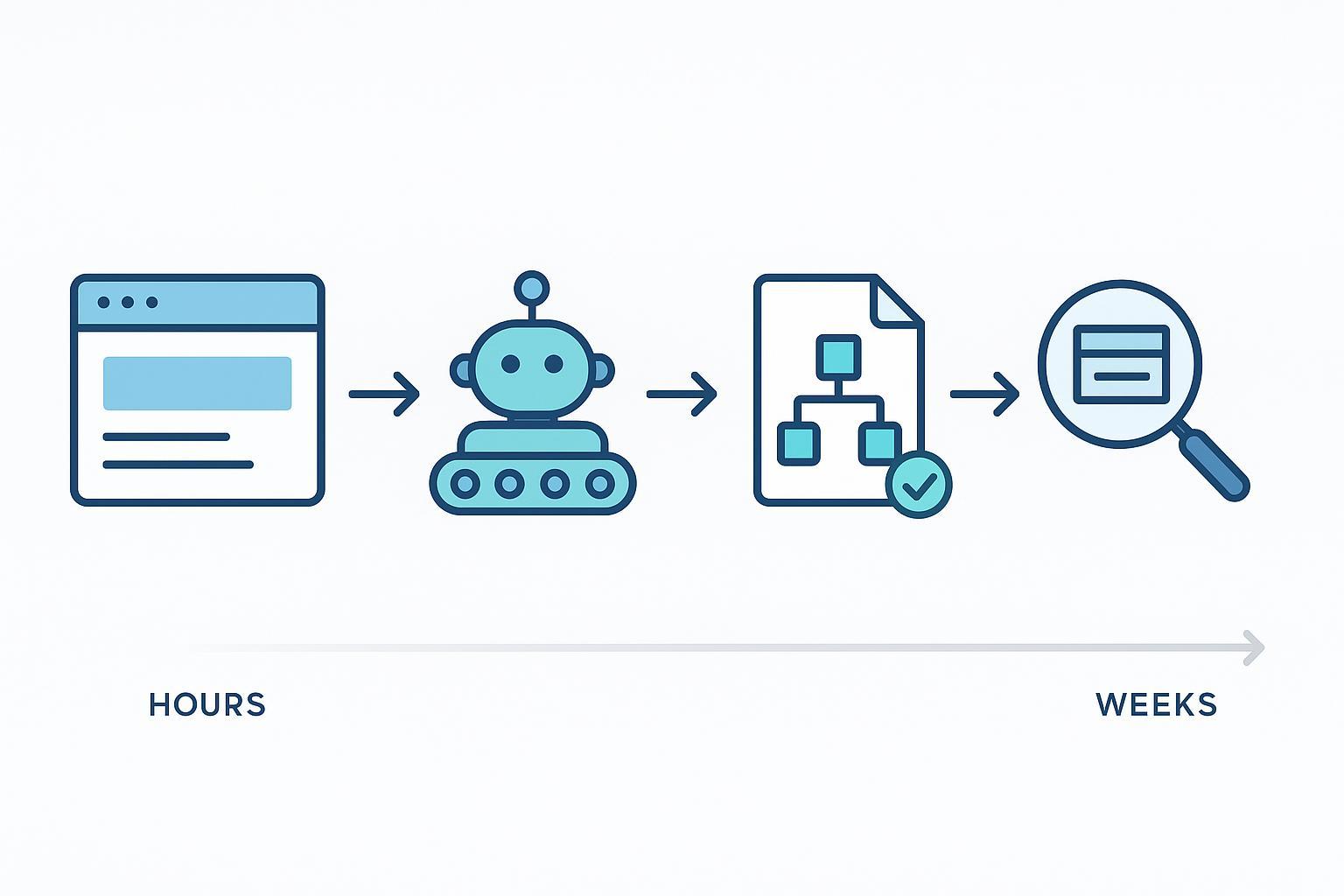 Webページ公開からクロールとインデックスを経て検索結果に反映されるまでの流れ（数時間〜数週間のタイムライン）を示すミニマルな図解