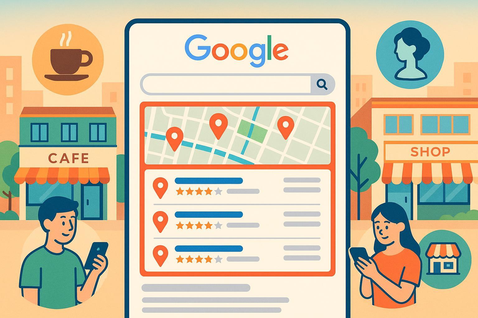 ローカルパックランキングの重要性を示す日本の中小企業街並みとGoogle検索画面のイラスト