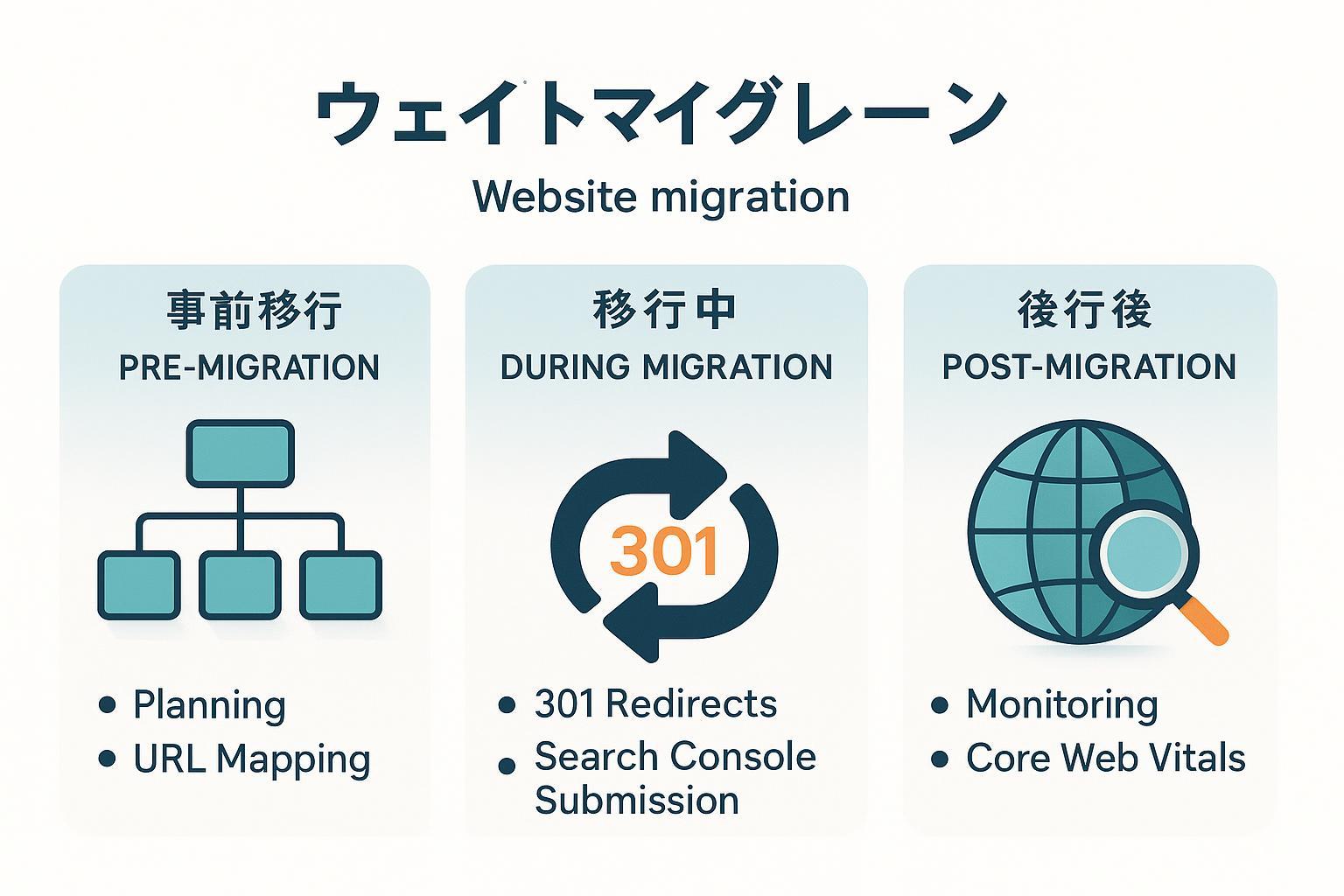 サイト移行SEOの工程（移行前・移行後・移行中）を可視化したワークフローイラスト