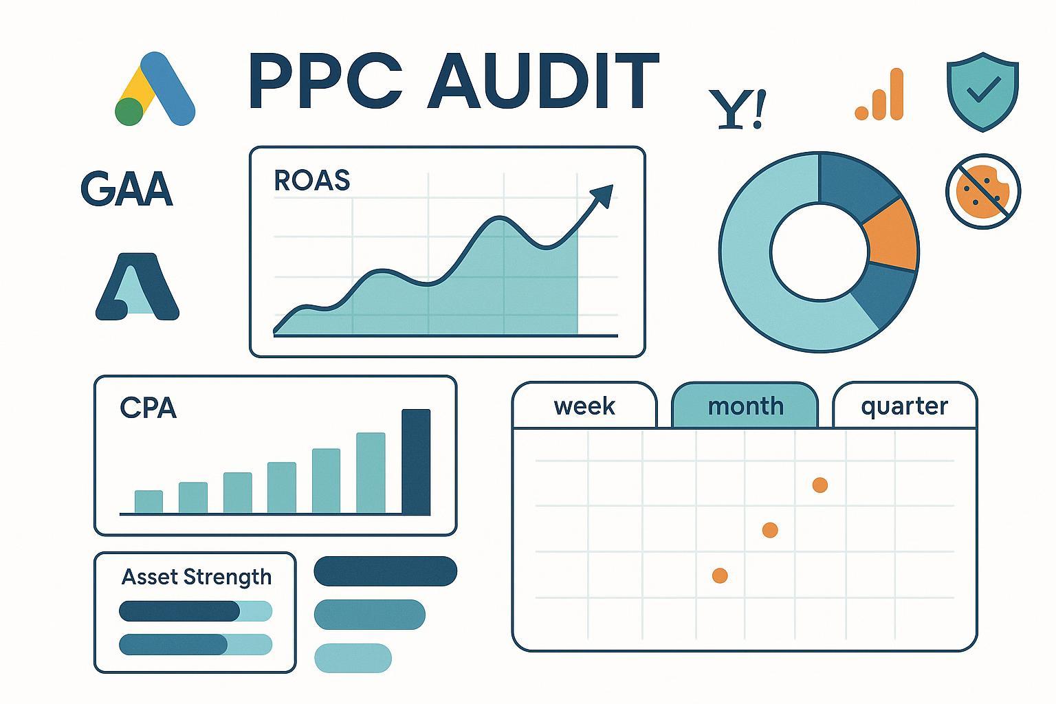 PPC監査でROIを最大化するためのダッシュボードを示すミニマルなカバーイラスト（Google