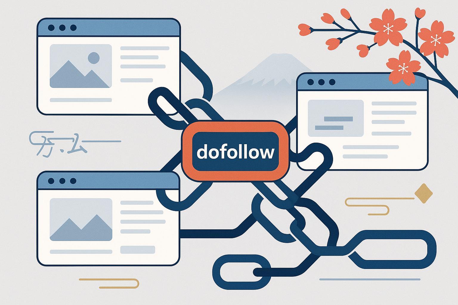SEO戦略におけるdofollowリンクの影響を象徴するネットワークを描いた日本のSEO専門家向けイラスト