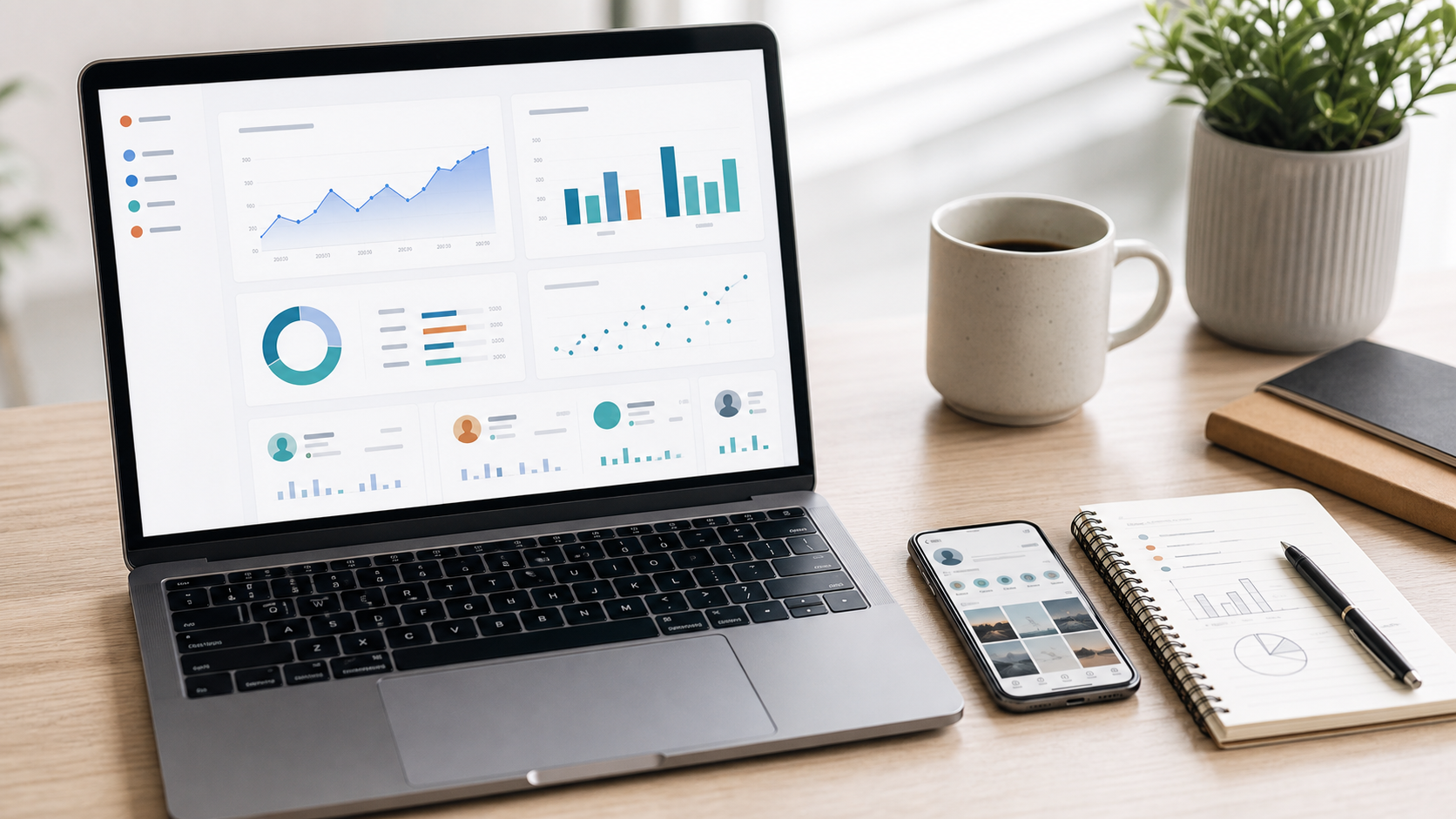 A clean workspace showing an analytics dashboard used to compare influencer engagement rate, views, comments, and creator performance.