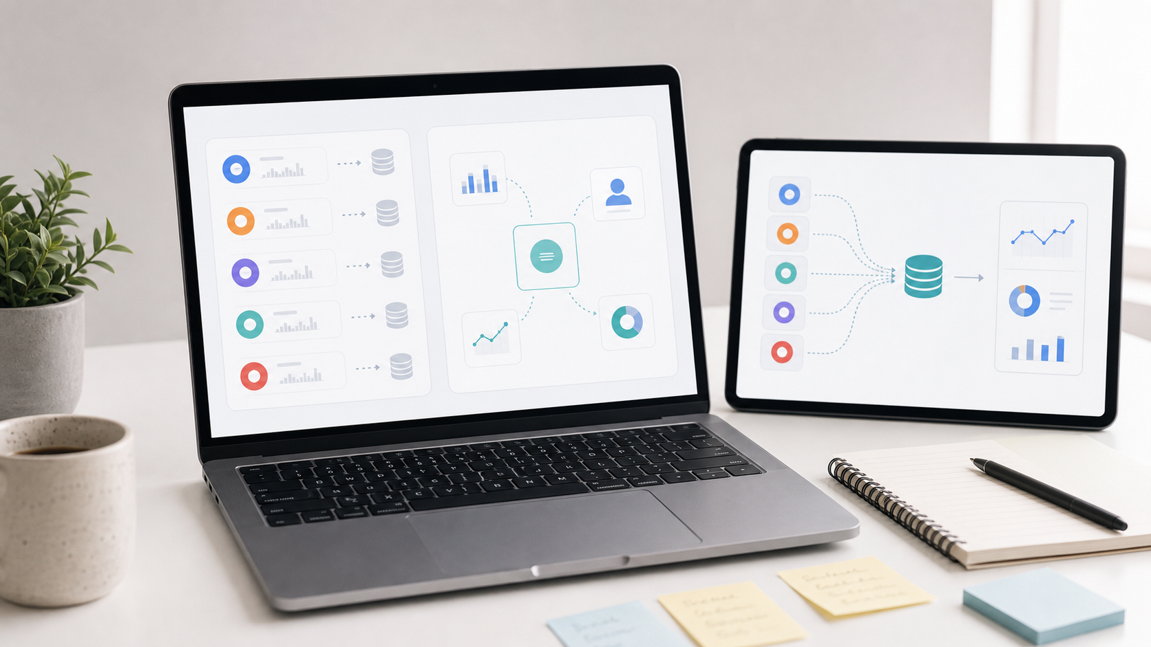 A minimal workspace scene showing a dashboard and two integration approaches: multiple separate API connectors versus a single unified API layer