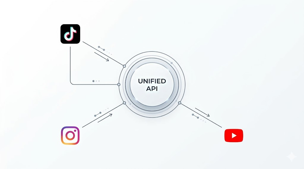 A clean, minimalist graphic illustration showcasing a central 'Unified API' hub seamlessly connecting the logos of TikTok, Instagram, YouTube, and other major social platforms against a bright, modern background.