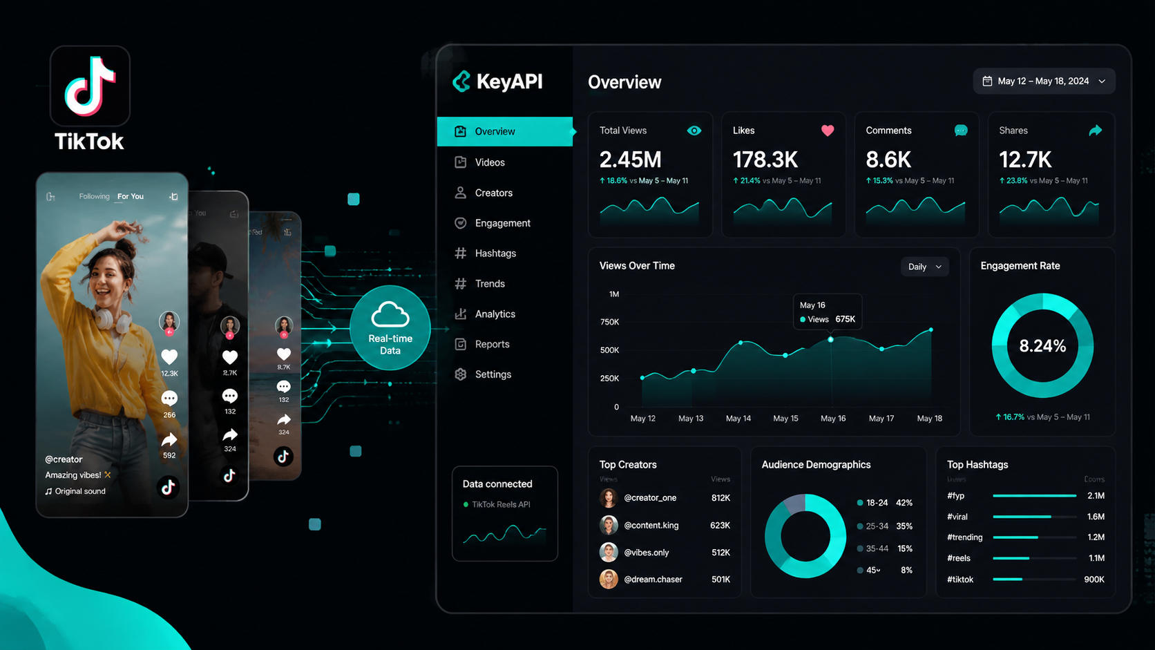KeyAPI TikTok Reels data dashboard showing video views, engagement metrics and creator analytics