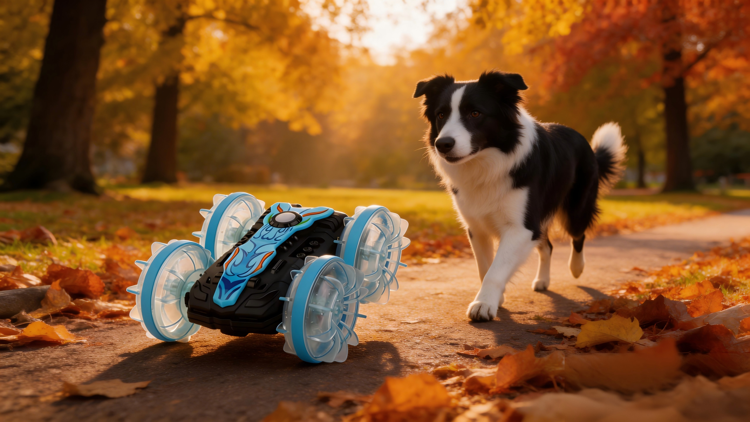 Pet interacting with an indoor remote control car for dogs
