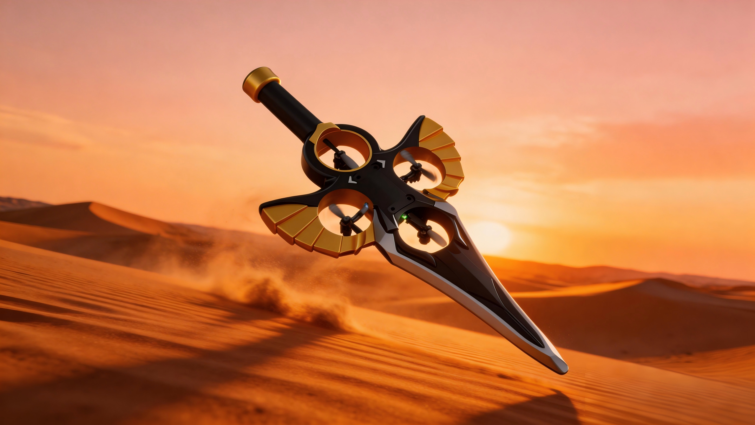 RC Stunt Flying Sword toy in action with bright LEDs illuminating the glowing animated flying sword design
