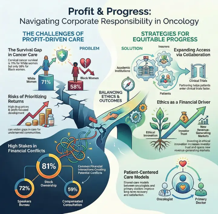 Infographic illustrating themes from the blog about Corporate Responsibility in Oncology, showing how companies balance profit with patient well‑being, the impact of high drug prices and health disparities, and strategies such as collaboration, supporting clinical trials, ethical decision‑making, and patient‑centered care models to improve access and outcomes. #BanishCancer
