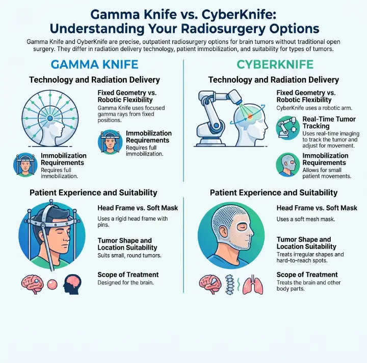 Comparison infographic of Gamma Knife and CyberKnife radiosurgery. Gamma Knife utilizes fixed gamma rays and a rigid head frame for sub‑millimeter precision, excelling at small, deep, or centrally located brain tumors near sensitive structures. CyberKnife uses a linear accelerator on a robotic arm with real‑time tracking and a soft mesh mask, treating tumors throughout the brain and body. #BanishCancer