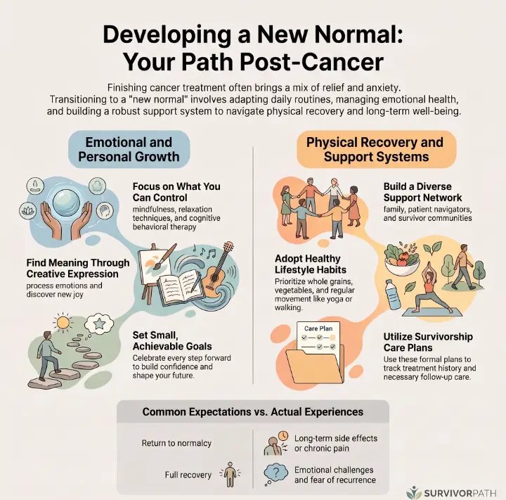 Developing a New Normal: Your Path Post‑Cancer.” It highlights emotional and personal growth through mindfulness, relaxation techniques, creative expression, and setting small goals. It also covers physical recovery with support networks, healthy lifestyle habits, and Survivorship Care Plans. A final section compares common expectations of full recovery with real experiences such as long‑term side effects, chronic pain, emotional challenges, and fear of recurrence. #BanishCancer