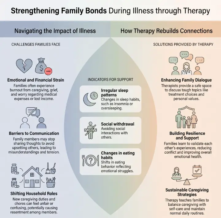 Infographic on how therapy helps families navigate illness. It outlines challenges like emotional strain and role shifts, warning signs like social withdrawal, and therapy solutions including enhanced dialogue, resilience, and sustainable caregiving. #BanishCancer
