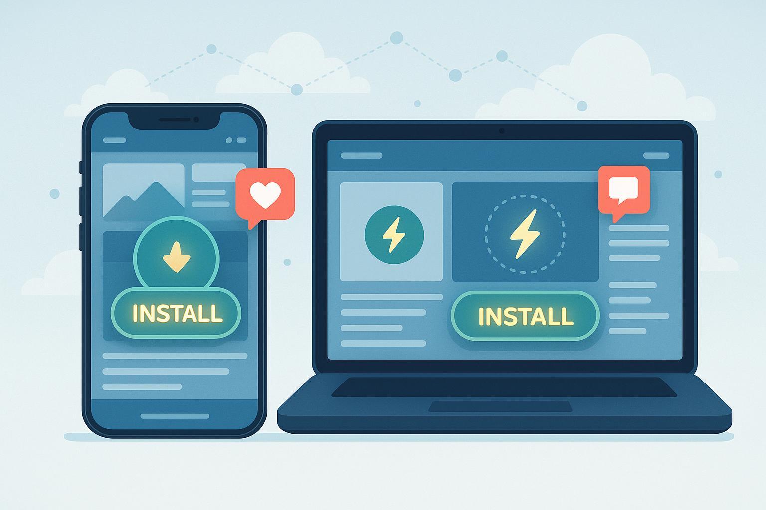 Illustration of PWA bridging mobile apps and web for content platforms.
