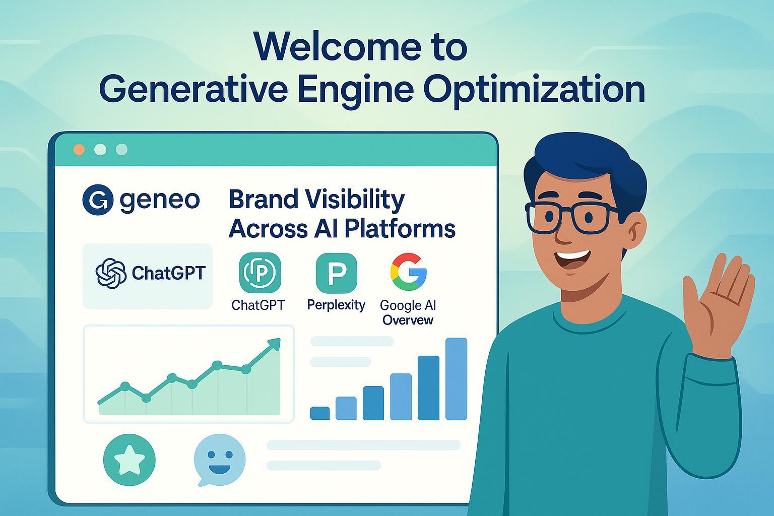 Warm, friendly digital marketing guide introducing GEO for beginners with Geneo dashboard and AI search icons.