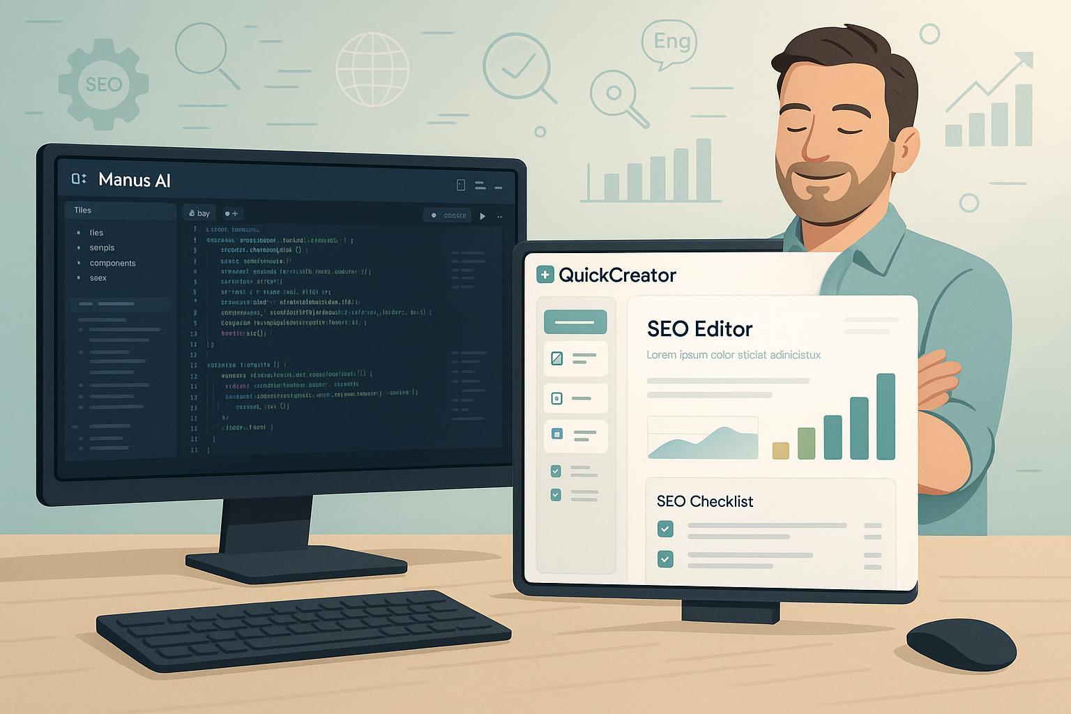 Comparison of Manus AI and QuickCreator for SEO writing: complex multitasking vs. intuitive block-based editor, with a relaxed small business owner choosing efficiency.