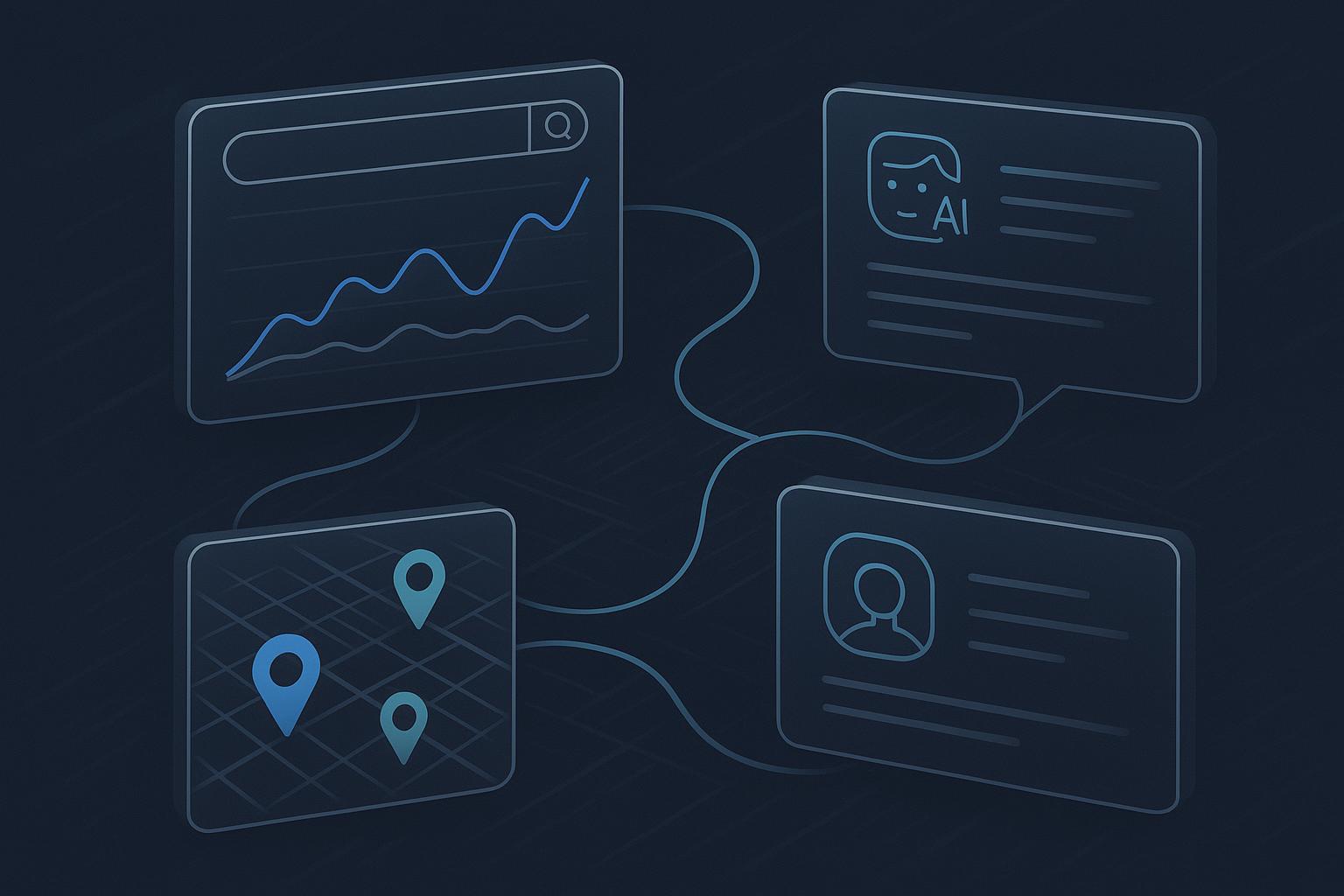 Hybrid strategies for SEO and GEO in 2025 — unified dashboard showing SERP, map pins, and AI answer box