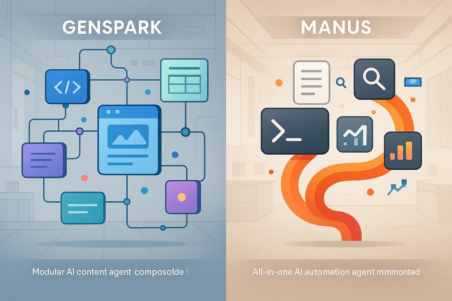 Comparison cover image: Genspark modular agent blocks vs. Manus seamless automation pipeline.