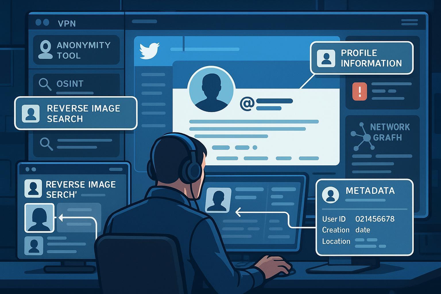 Digital investigator analyzing Twitter account using OSINT tools, visual workflow, and security cues