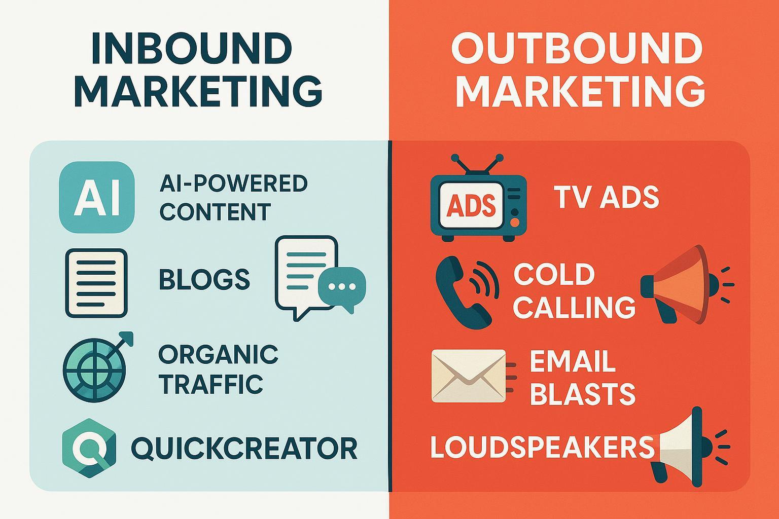 Split-screen cover: Inbound Marketing (AI, SEO, QuickCreator) vs Outbound Marketing (TV ads, cold calling). Visual comparison for business marketers.