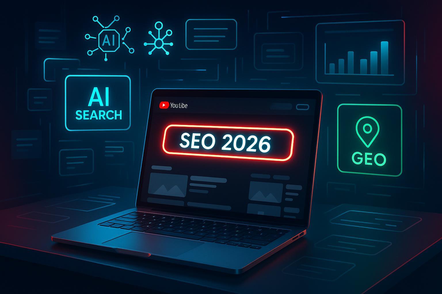Futuristic workspace with laptop open to YouTube, AI SEO icons, and digital trends hovering around, themed for SEO learning in 2026.