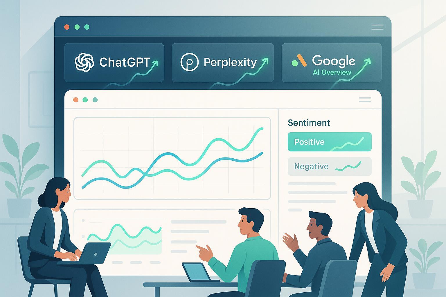 Geneo platform dashboard for AI search visibility, real-time monitoring across ChatGPT, Perplexity, and Google AI Overview. Digital marketers collaborating.